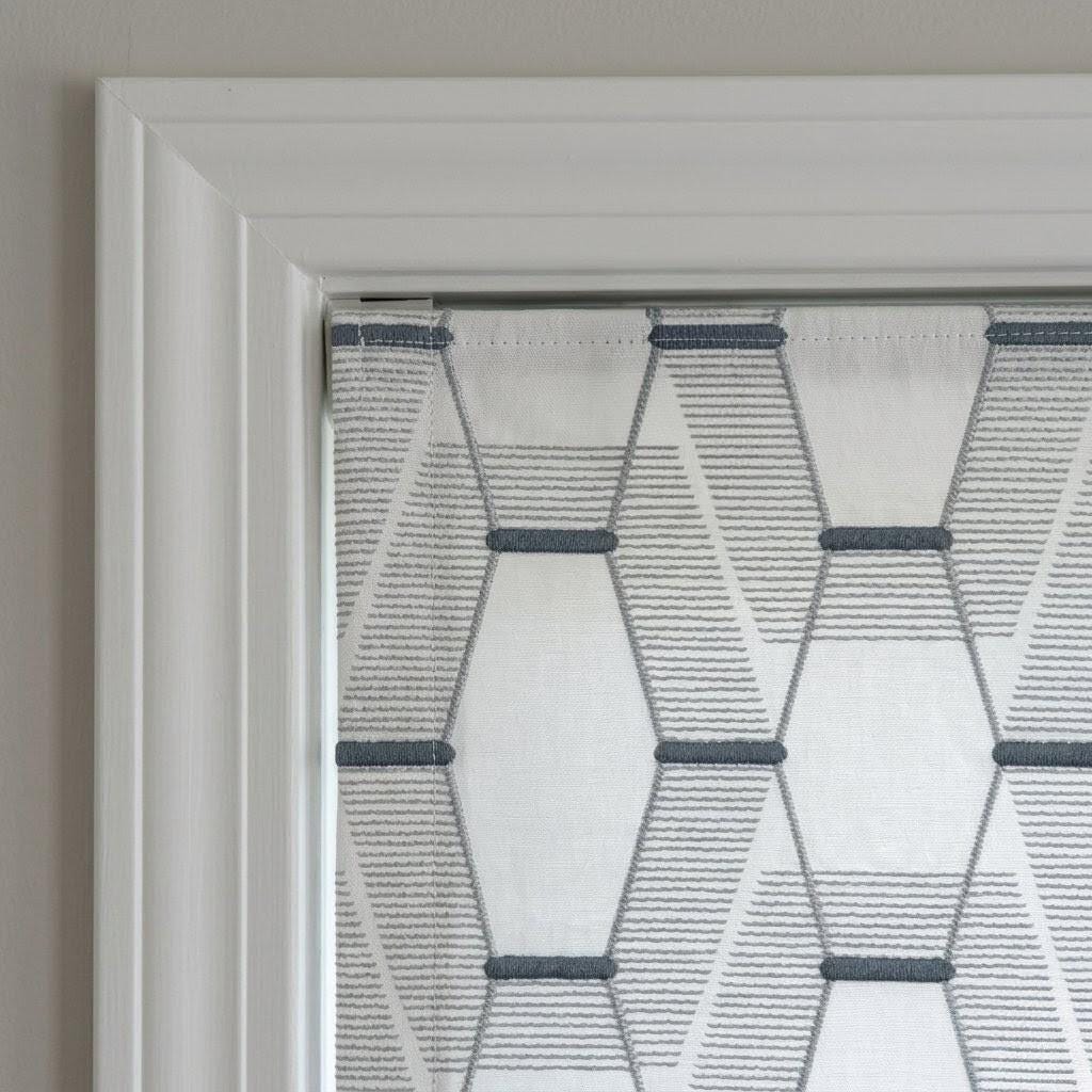 Embroidered Linen Roman Shade, Geometric Pattern, Ivory Blue Grey Custom Window Blind — image 8