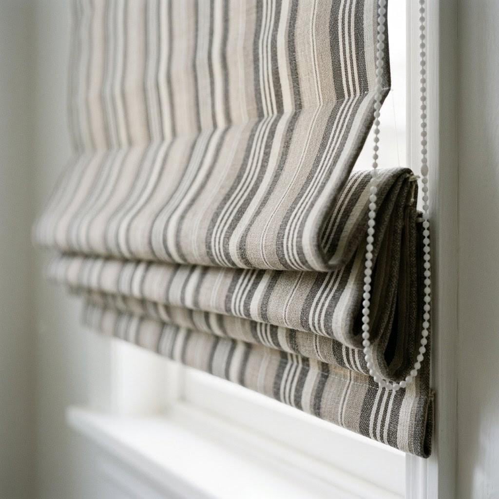 Custom Striped Linen Roman Shades: Beige, Brown Farmhouse Window Blinds (OEKO-TEX) — image 3