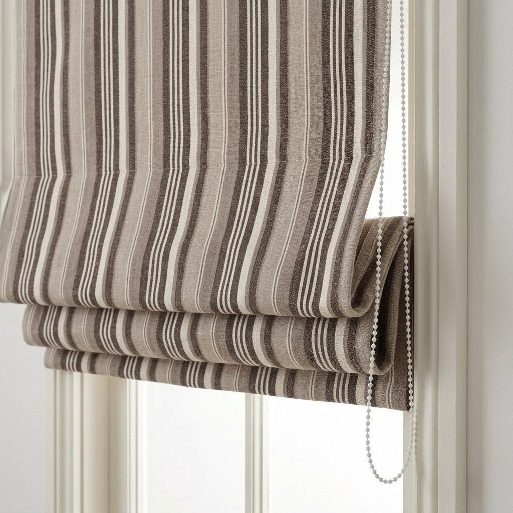 Custom Striped Linen Roman Shades: Beige, Brown Farmhouse Window Blinds (OEKO-TEX) — image 1