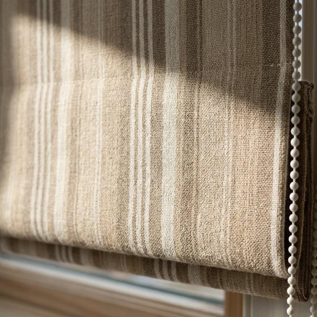 Custom Striped Linen Roman Shades – Farmhouse Light Beige Window Blinds (OEKO-TEX) — image 1