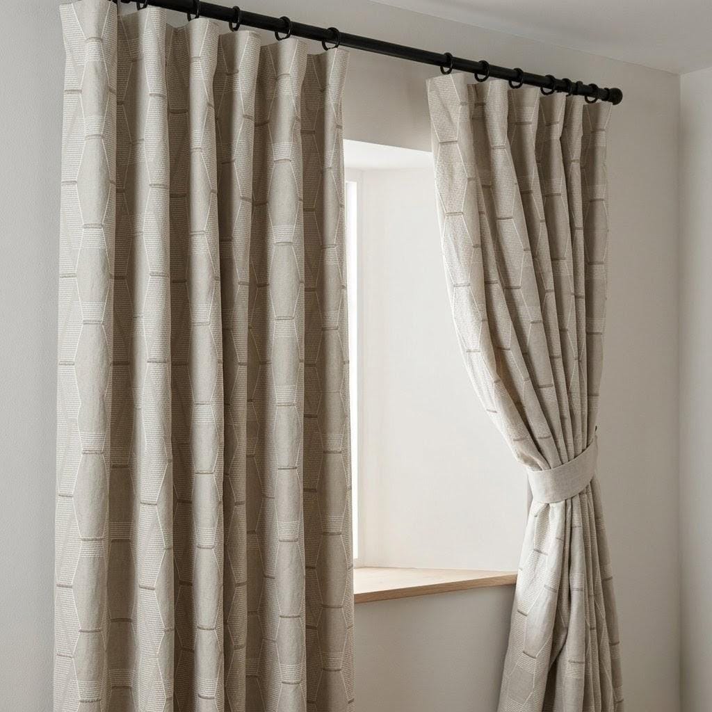 Embroidered Linen Curtains, Geometric Neutral Drapes, Custom Panels — image 3