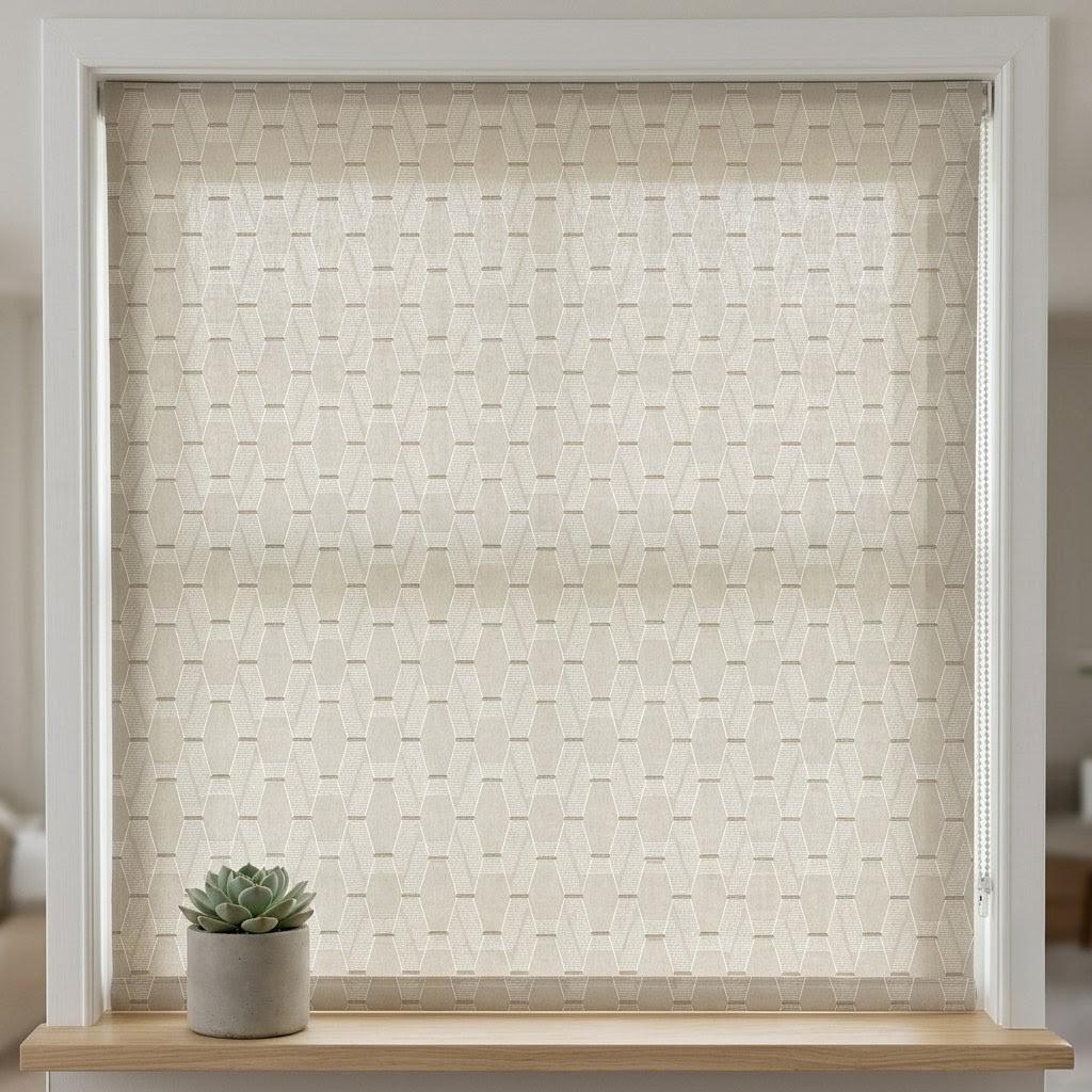 Embroidered Linen Roman Shade, Geometric Neutral Window Blind, Custom Corded Beige Ivory — image 10