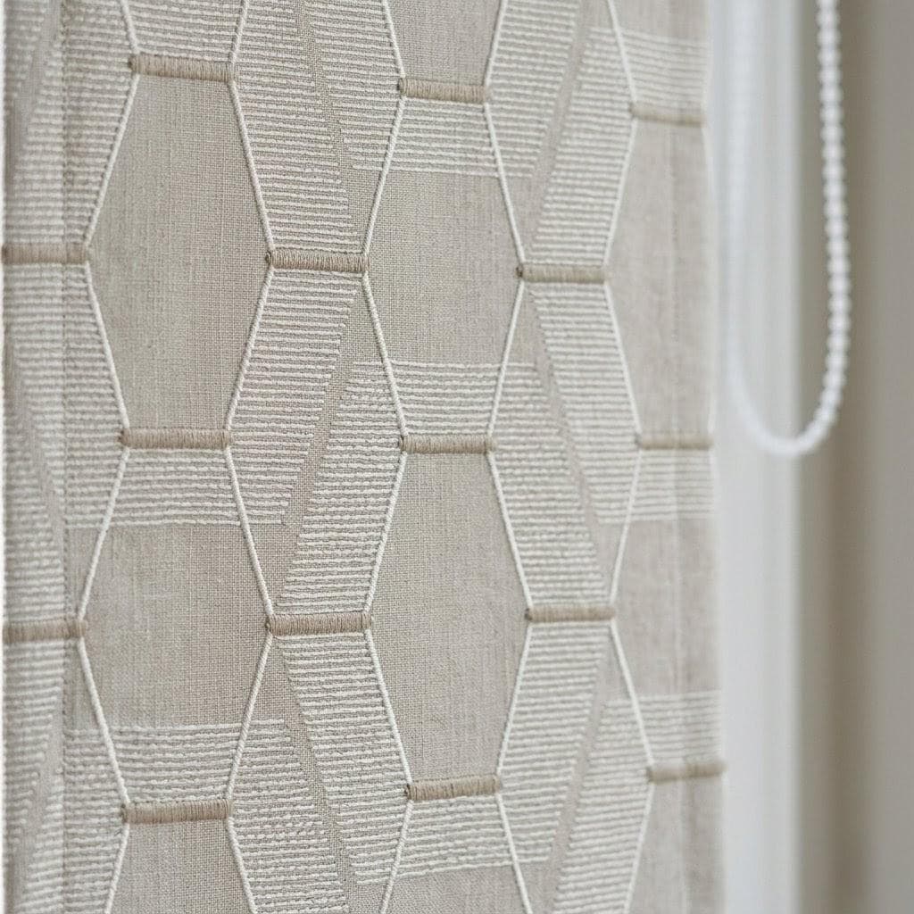 Embroidered Linen Roman Shade, Geometric Neutral Window Blind, Custom Corded Beige Ivory — image 1