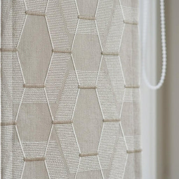 Embroidered Linen Roman Shade, Geometric Neutral Window Blind, Custom Corded Beige Ivory — image 1