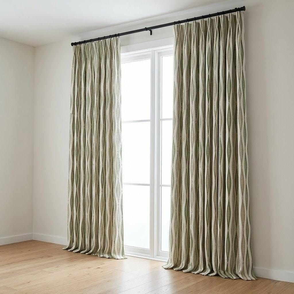 Sage Olive Embroidered Linen Curtains, Ivory Geometric Semi Sheer Drapes — image 1