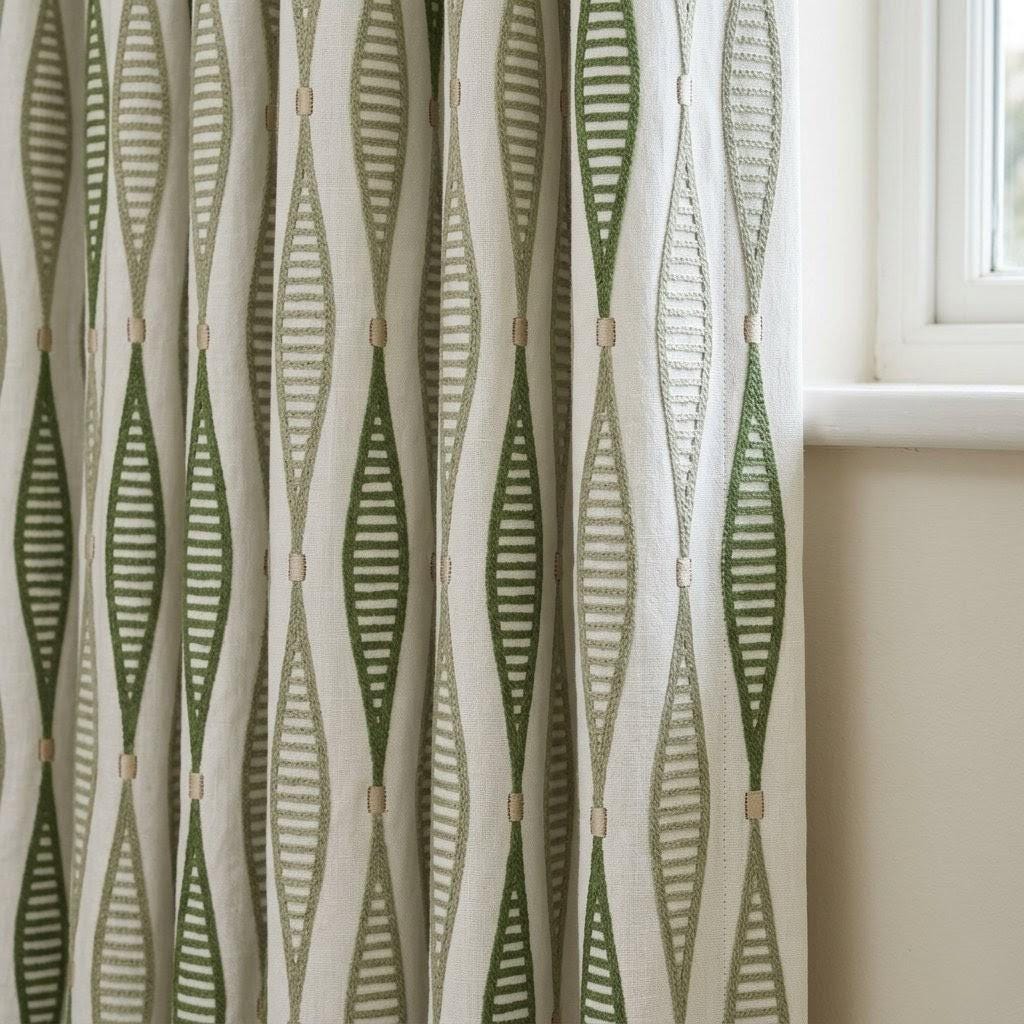 Sage Olive Embroidered Linen Curtains, Ivory Geometric Semi Sheer Drapes — image 1