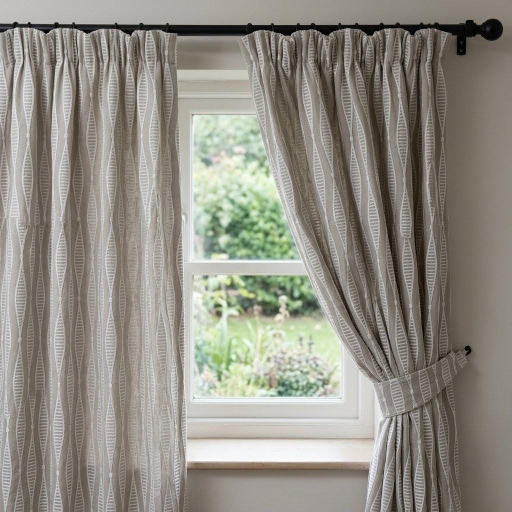 Natural Flax Linen Embroidered Curtains, White Geometric Drapes, Custom Panels — image 8