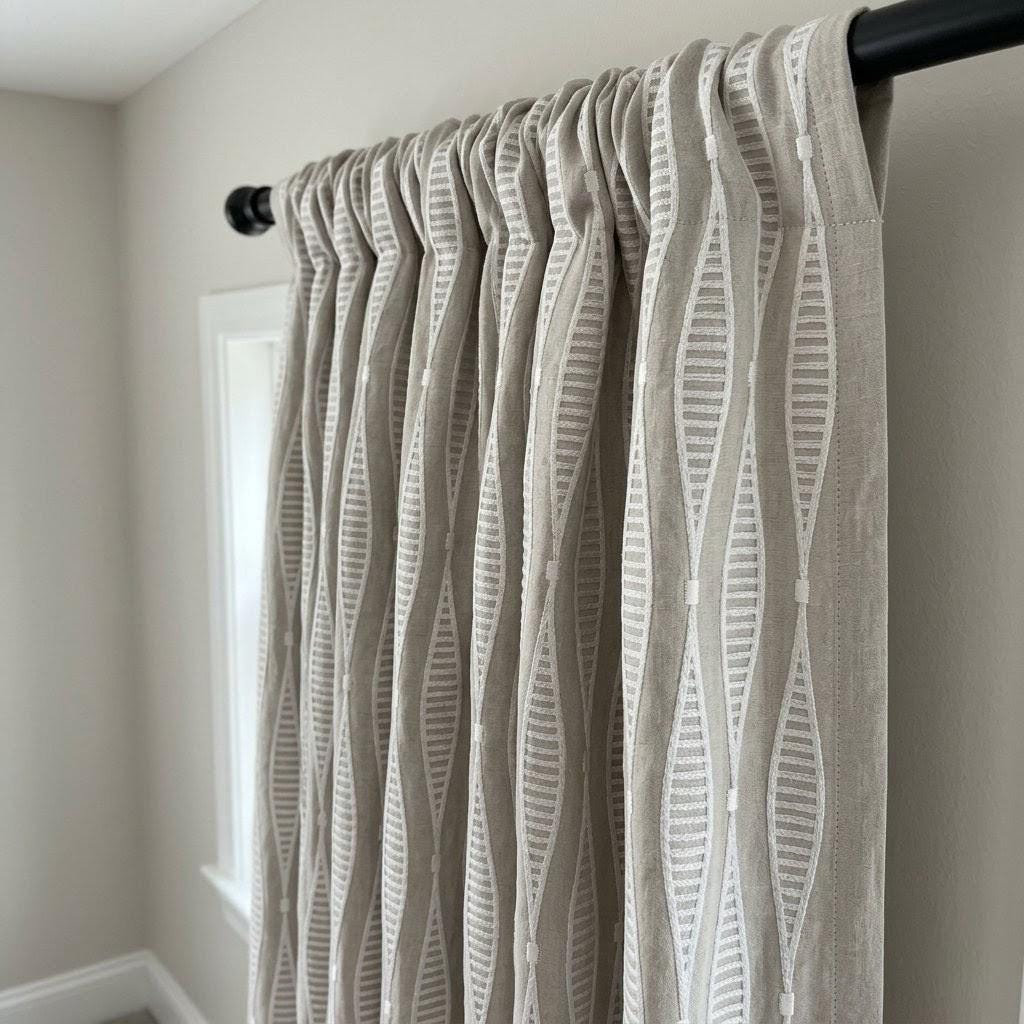 Natural Flax Linen Embroidered Curtains, White Geometric Drapes, Custom Panels — image 6