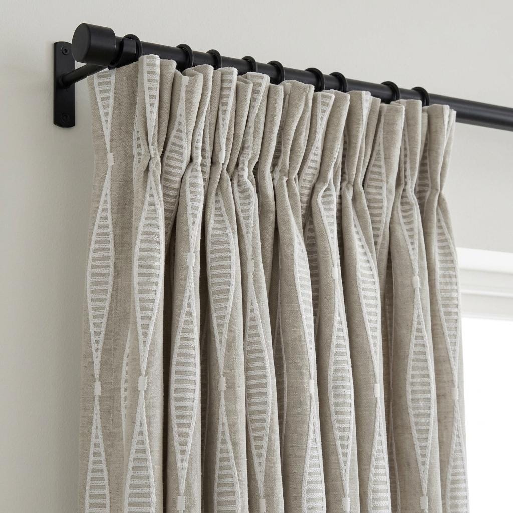 Natural Flax Linen Embroidered Curtains, White Geometric Drapes, Custom Panels — image 2
