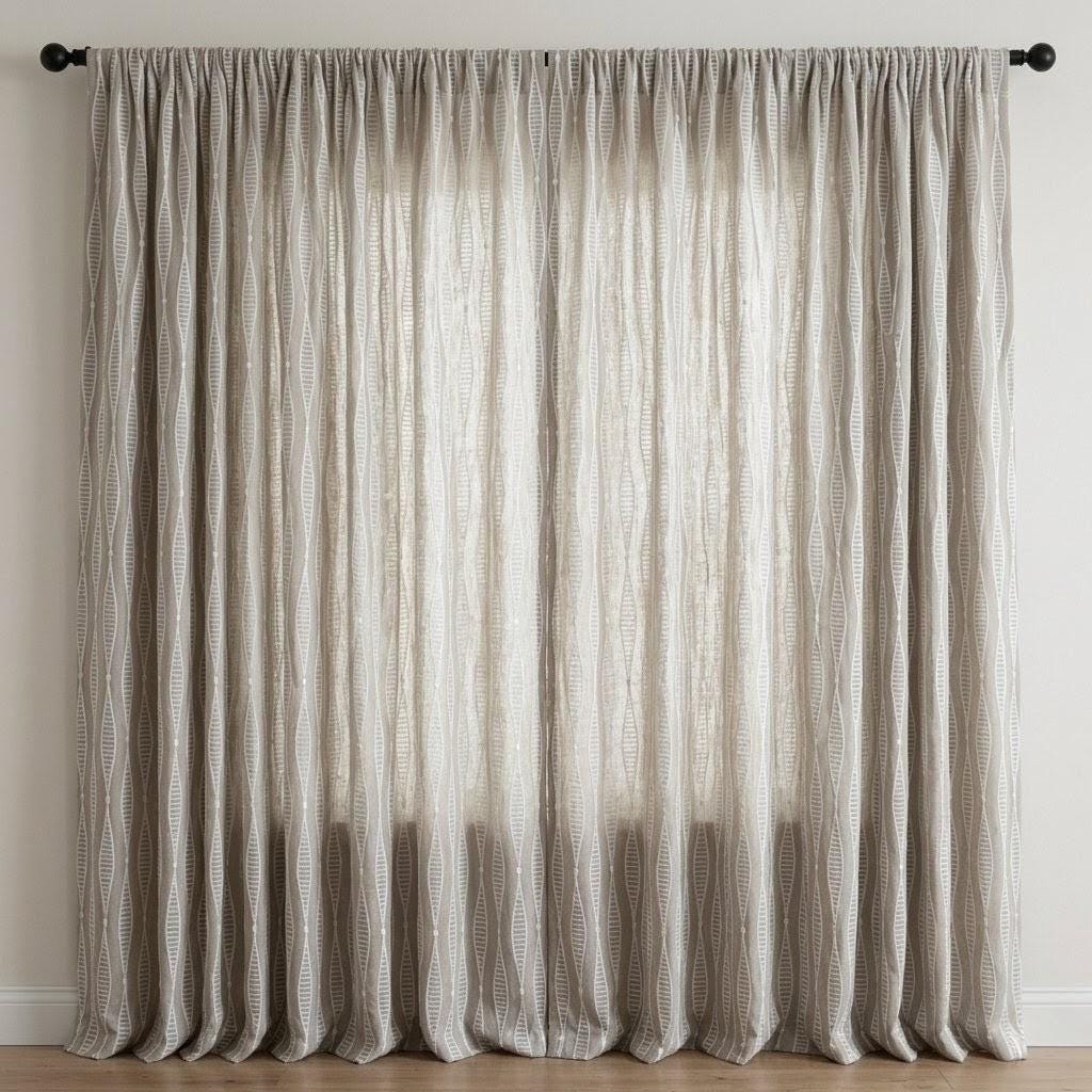 Natural Flax Linen Embroidered Curtains, White Geometric Drapes, Custom Panels — image 7