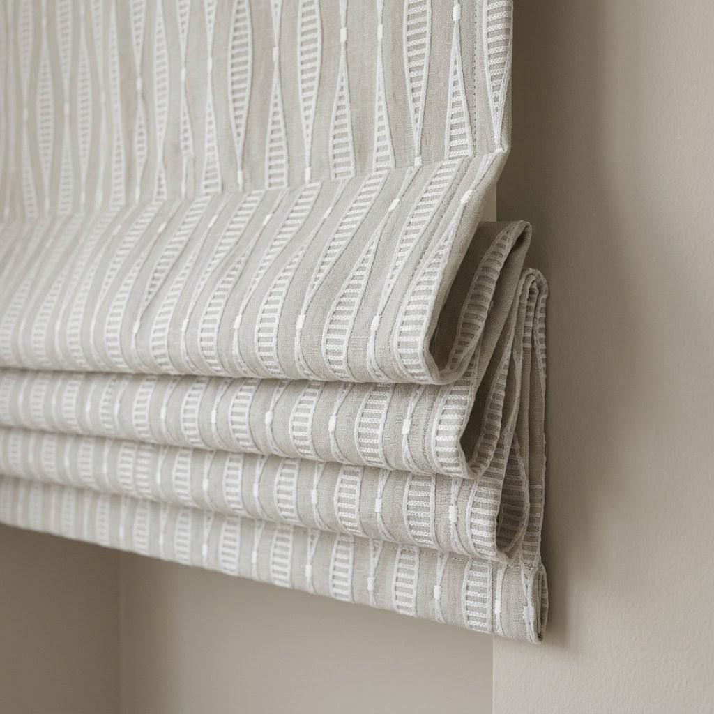 Embroidered Linen Roman Shade, Greige Geometric Window Blind, Custom Light Filtering (Blackout Option) — image 3