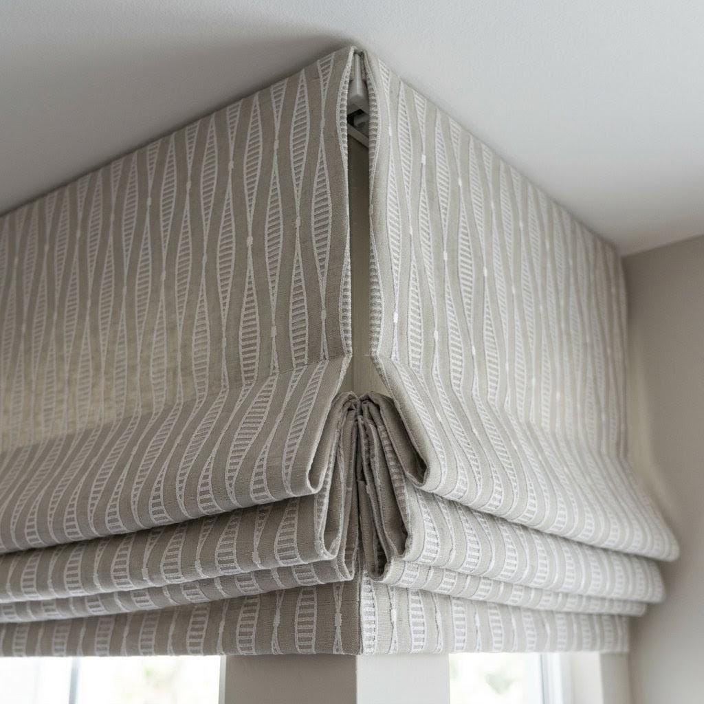 Embroidered Linen Roman Shade, Greige Geometric Window Blind, Custom Light Filtering (Blackout Option) — image 5