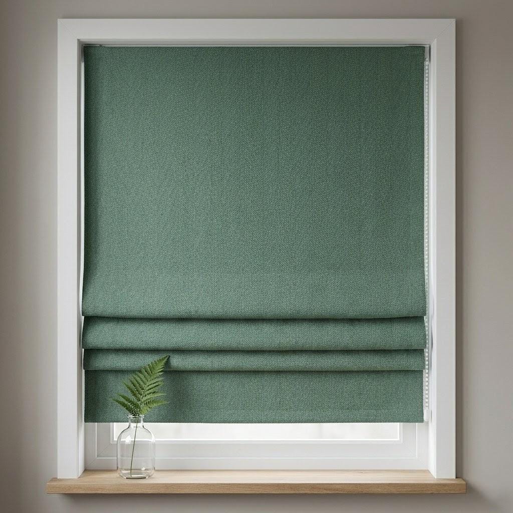 Custom Green Linen Roman Shades: Herringbone, Blackout or Light Filtering Window Blinds — image 5