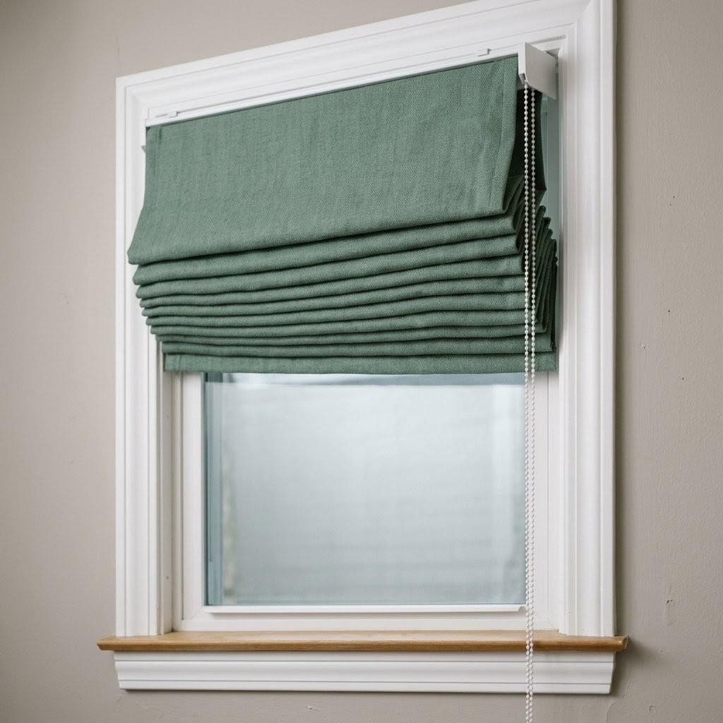 Custom Green Linen Roman Shades: Herringbone, Blackout or Light Filtering Window Blinds — image 4