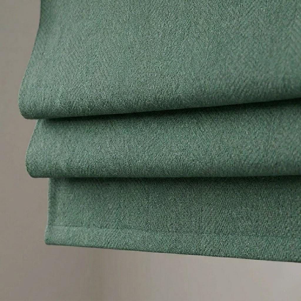 Custom Green Linen Roman Shades: Herringbone, Blackout or Light Filtering Window Blinds — image 2