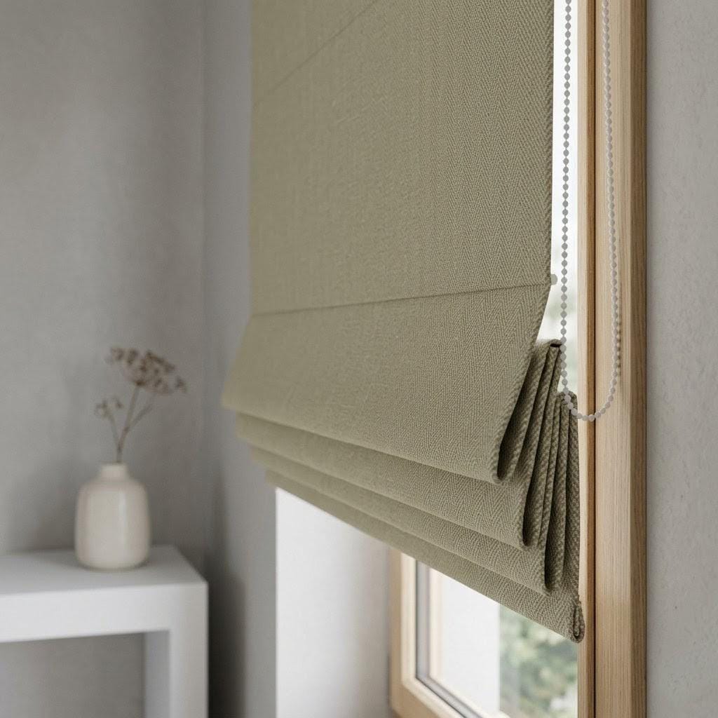 Custom Khaki Beige Herringbone Linen Roman Shades (Made to Measure) — image 5