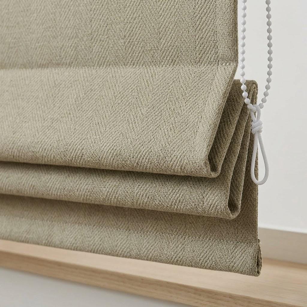 Custom Khaki Beige Herringbone Linen Roman Shades (Made to Measure) — image 1