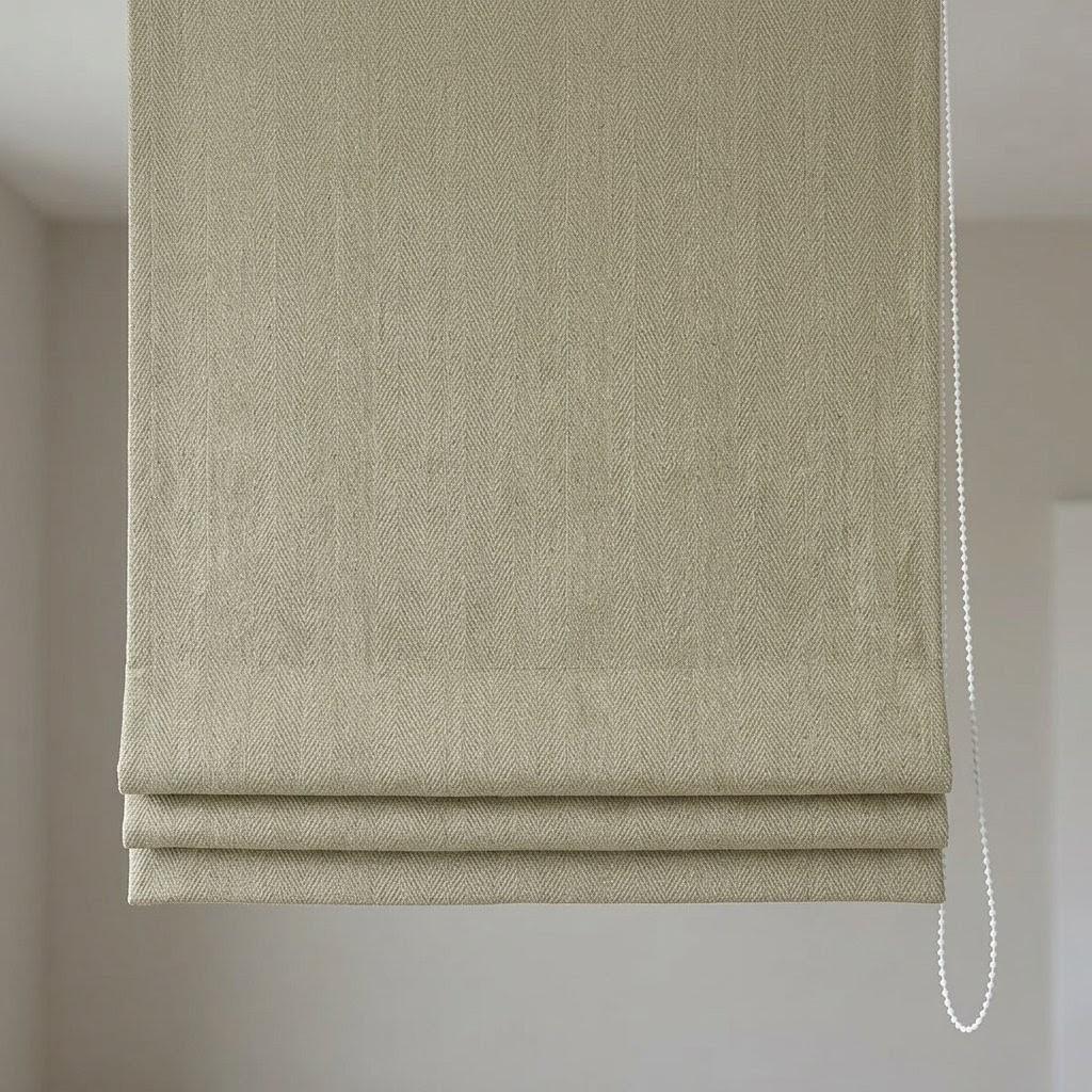 Custom Khaki Beige Herringbone Linen Roman Shades (Made to Measure) — image 3