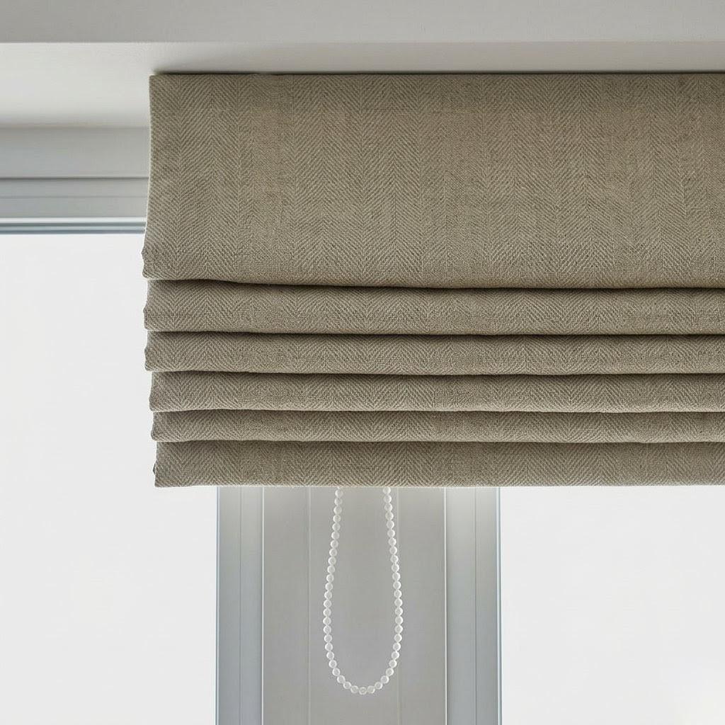 Custom Khaki Beige Herringbone Linen Roman Shades (Made to Measure) — image 7