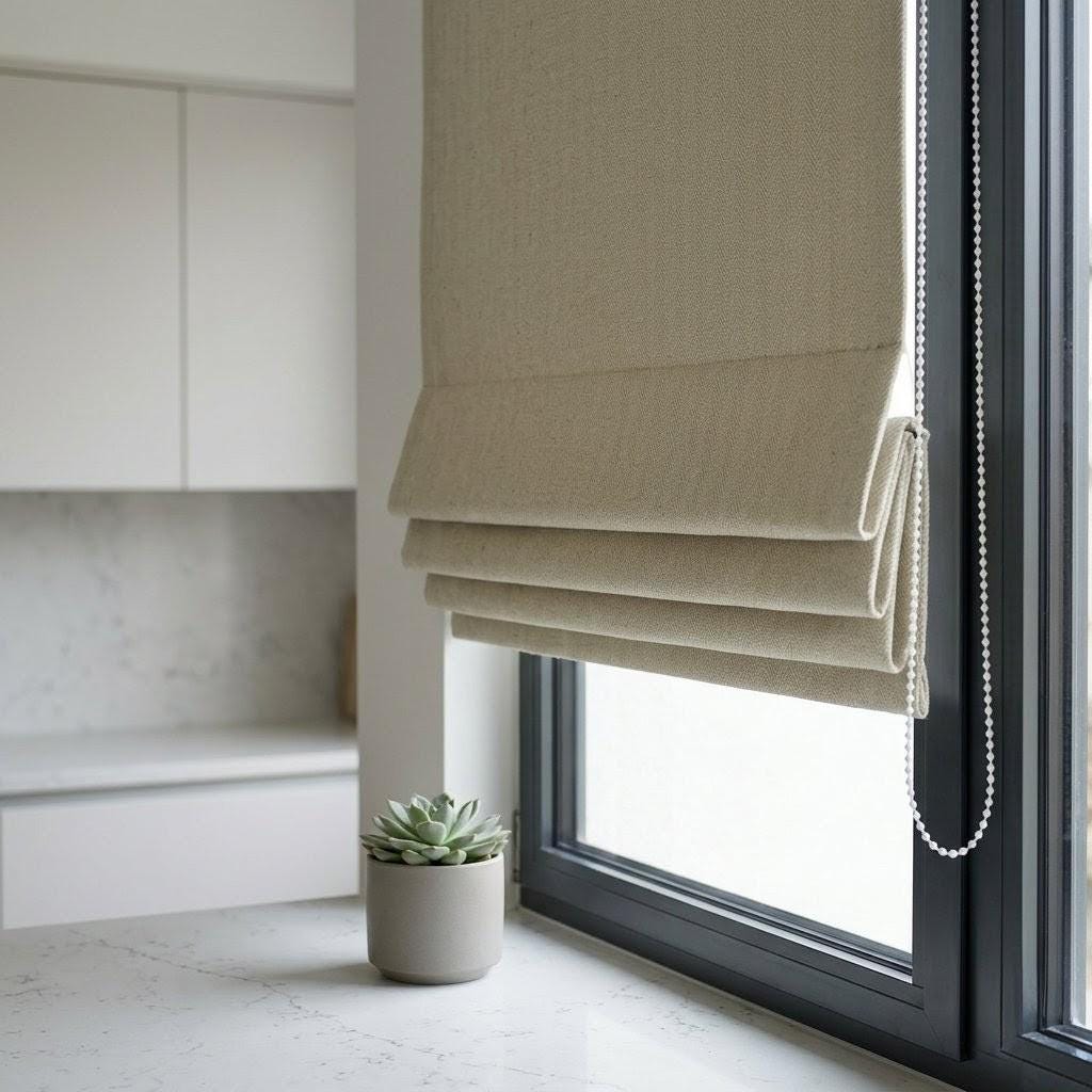 Custom Khaki Beige Herringbone Linen Roman Shades (Made to Measure) — image 8