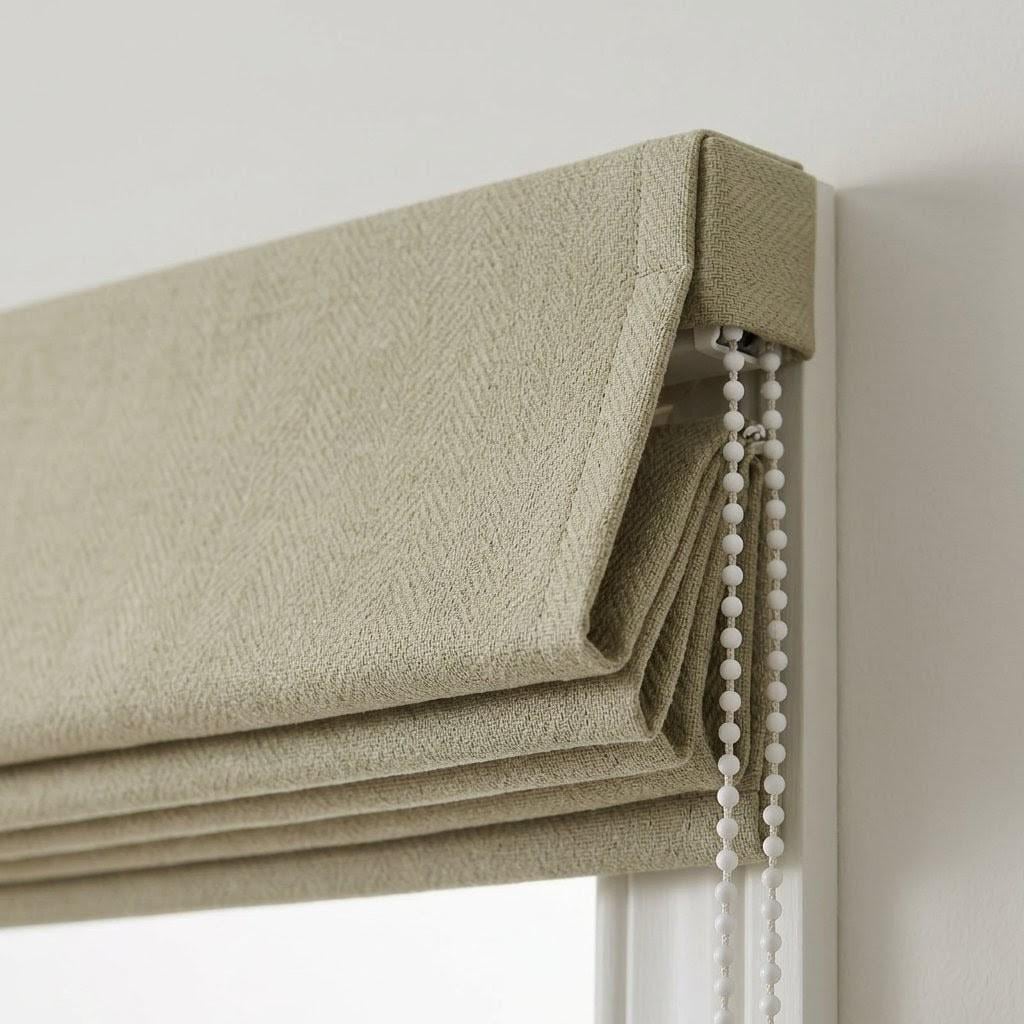 Custom Khaki Beige Herringbone Linen Roman Shades (Made to Measure) — image 6