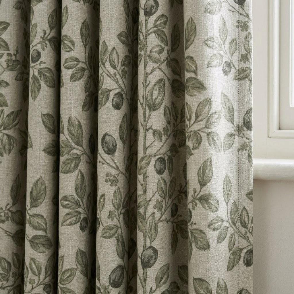 Botanical Leaf Print Linen Curtains: Beige Vine Floral Drapes (Set of 2) — image 1