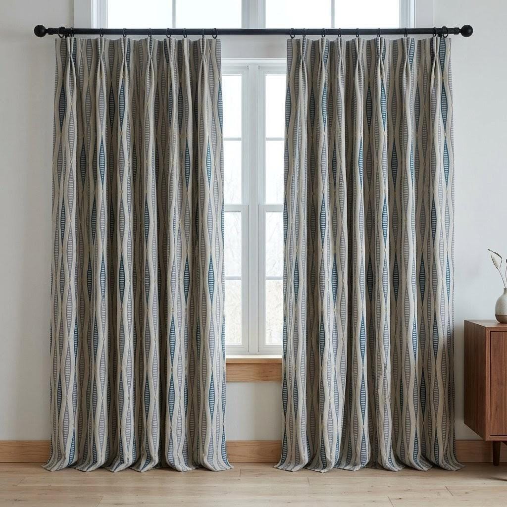 Natural Linen Embroidered Curtains, Teal Slate Blue Geometric Drapes, Custom Panels — image 4