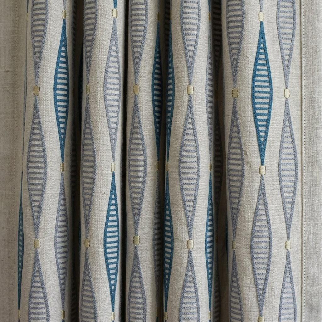 Natural Linen Embroidered Curtains, Teal Slate Blue Geometric Drapes, Custom Panels — image 3