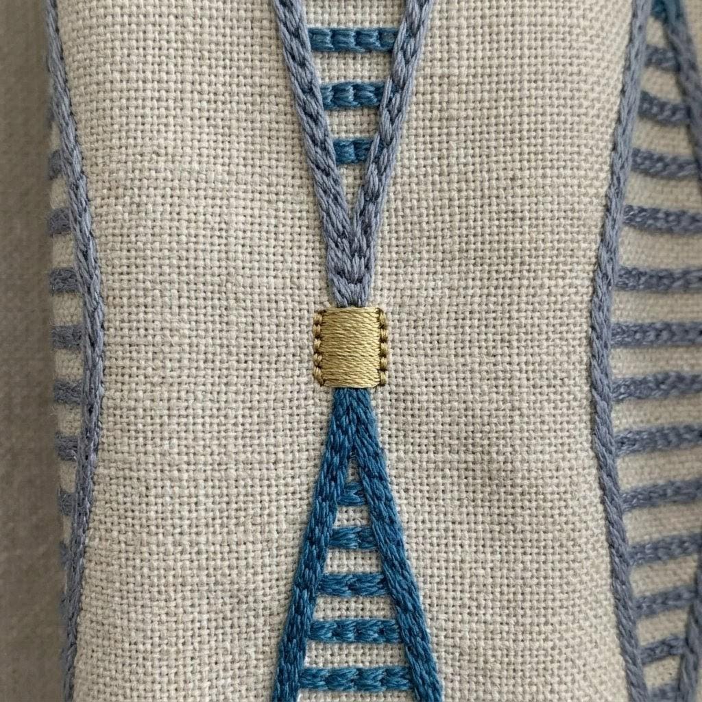 Natural Linen Embroidered Curtains, Teal Slate Blue Geometric Drapes, Custom Panels — image 6
