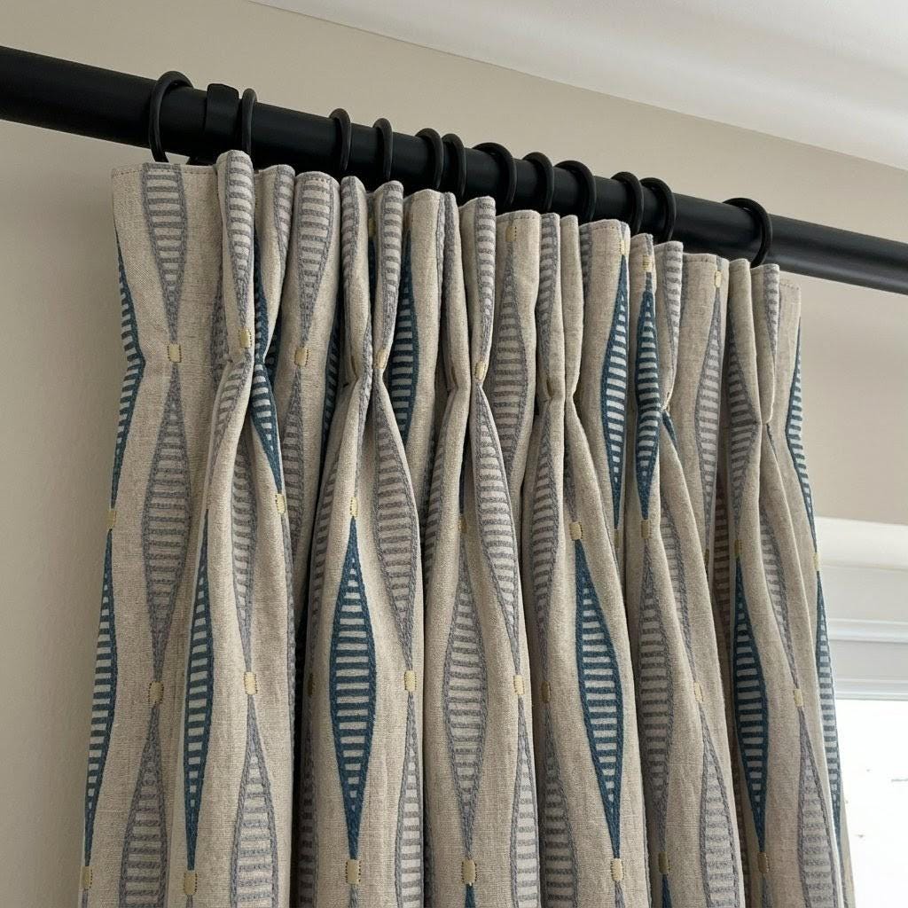 Natural Linen Embroidered Curtains, Teal Slate Blue Geometric Drapes, Custom Panels — image 8