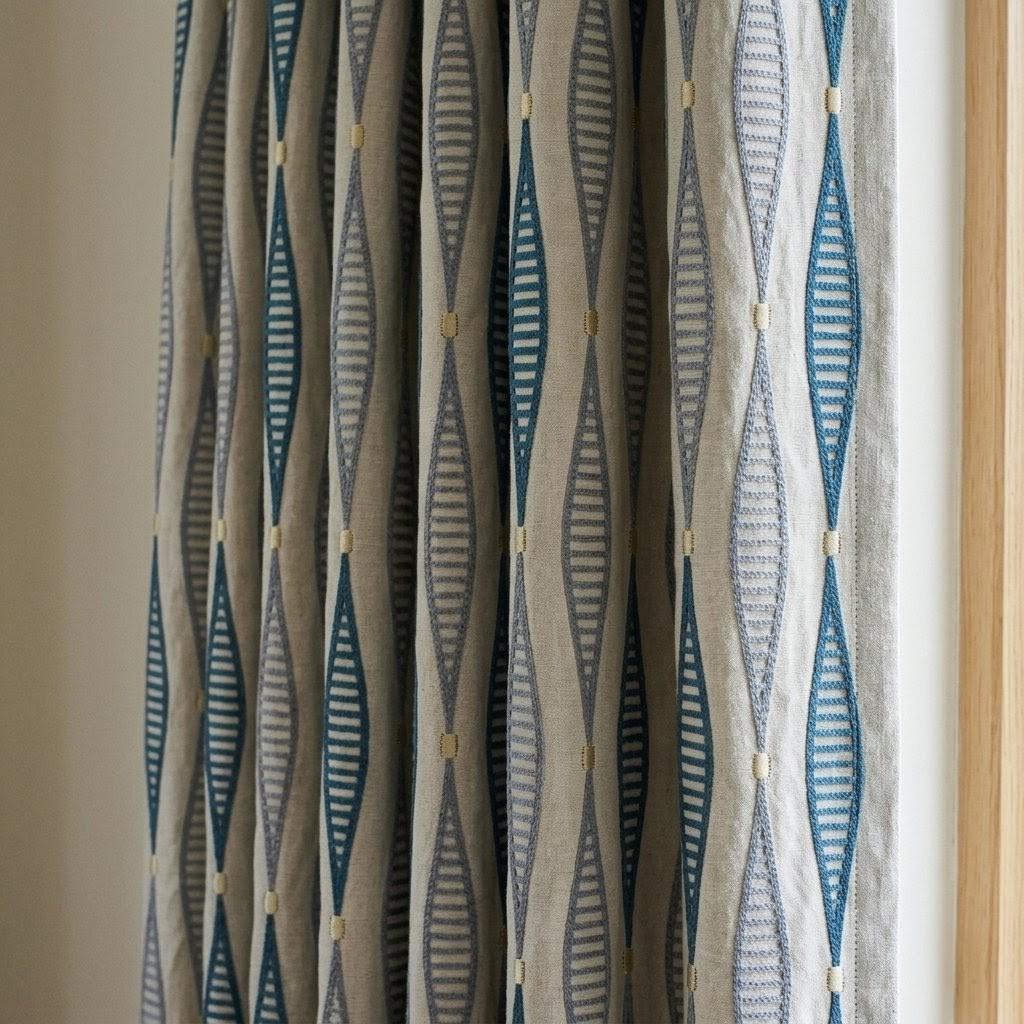 Natural Linen Embroidered Curtains, Teal Slate Blue Geometric Drapes, Custom Panels — image 1