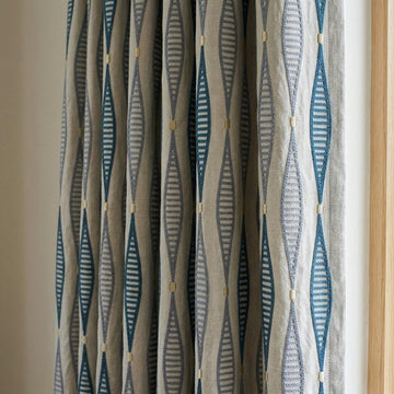 Natural Linen Embroidered Curtains, Teal Slate Blue Geometric Drapes, Custom Panels — image 1