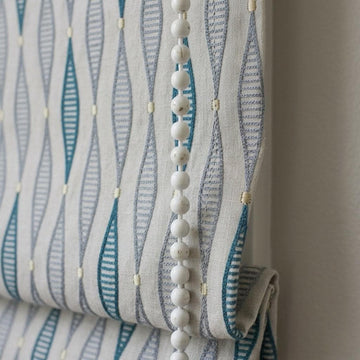 Teal Blue Geometric Embroidered Linen Roman Shade, Custom Window Blind (Light Filtering or Blackout) — image 1