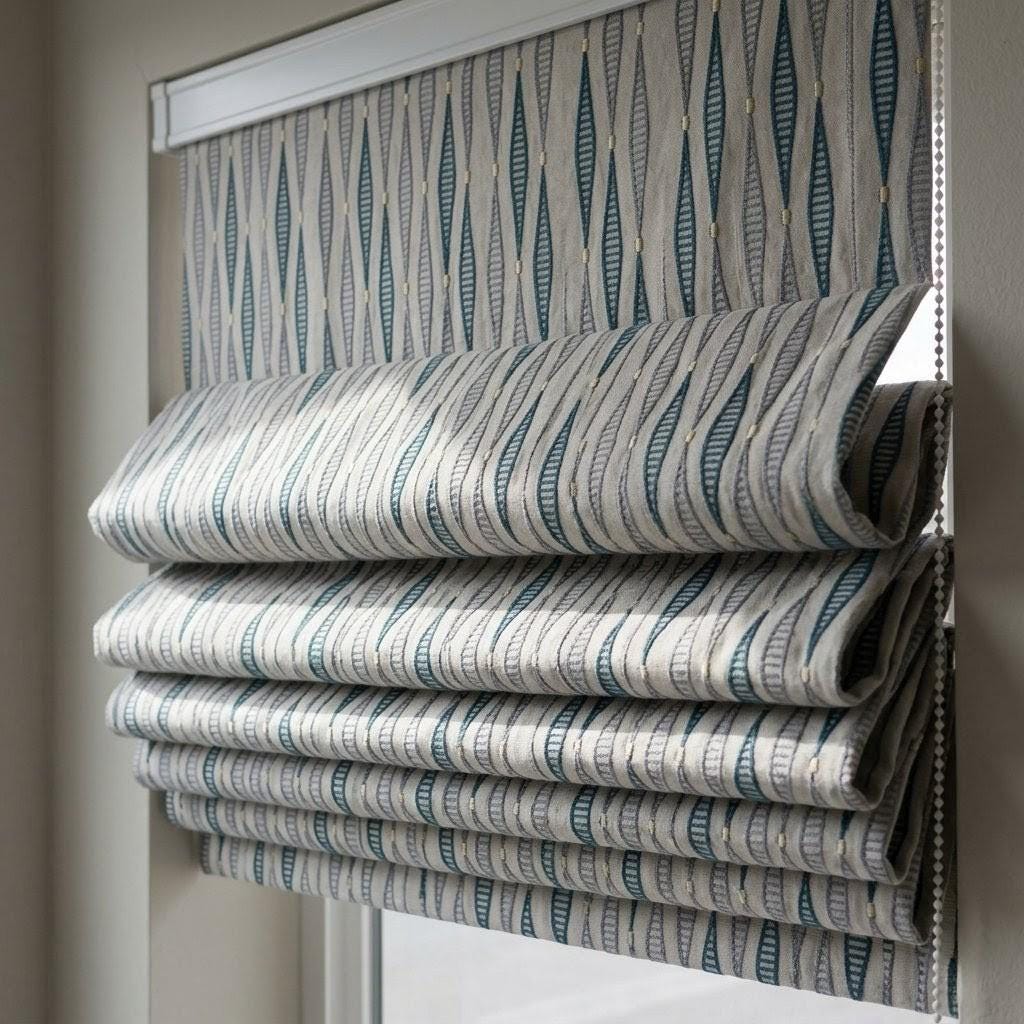 Teal Blue Geometric Embroidered Linen Roman Shade, Custom Window Blind (Light Filtering or Blackout) — image 7