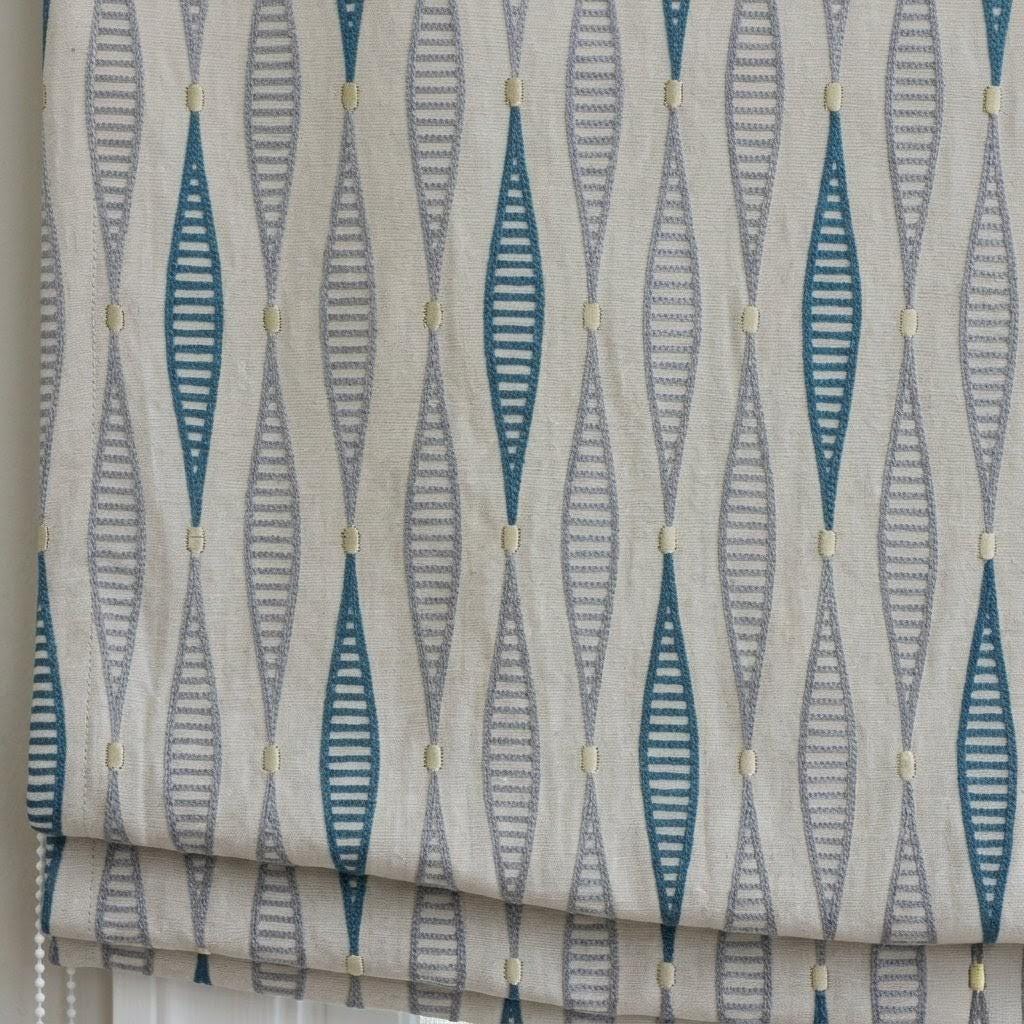 Teal Blue Geometric Embroidered Linen Roman Shade, Custom Window Blind (Light Filtering or Blackout) — image 6