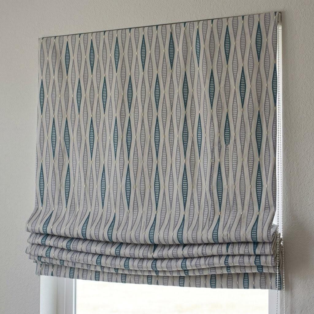 Teal Blue Geometric Embroidered Linen Roman Shade, Custom Window Blind (Light Filtering or Blackout) — image 2