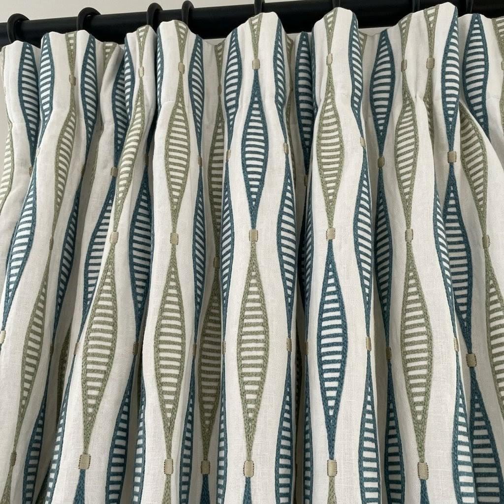 Ivory Linen Embroidered Curtains, Teal Blue Sage Geometric Drapes, Custom Panels — image 5