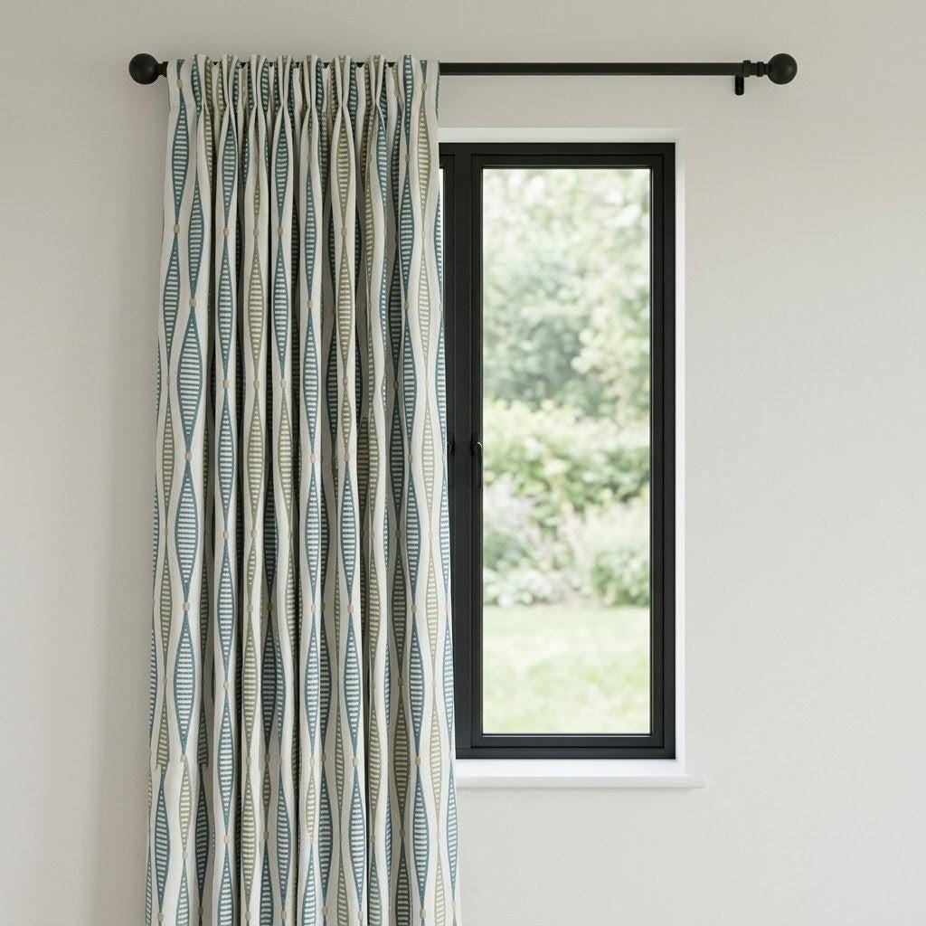 Ivory Linen Embroidered Curtains, Teal Blue Sage Geometric Drapes, Custom Panels — image 7