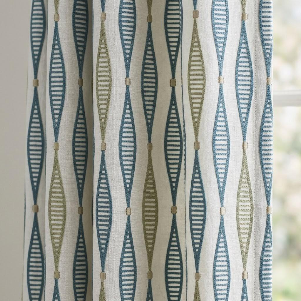 Ivory Linen Embroidered Curtains, Teal Blue Sage Geometric Drapes, Custom Panels — image 8