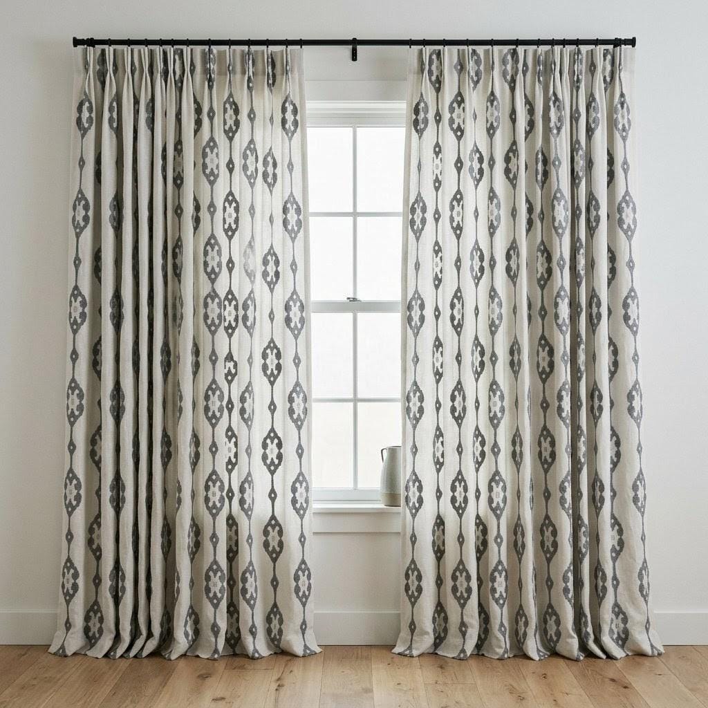 Ivory Pure Linen Embroidered Curtains, Grey Medallion Drapes, Custom Semi Sheer or Blackout Panels — image 5