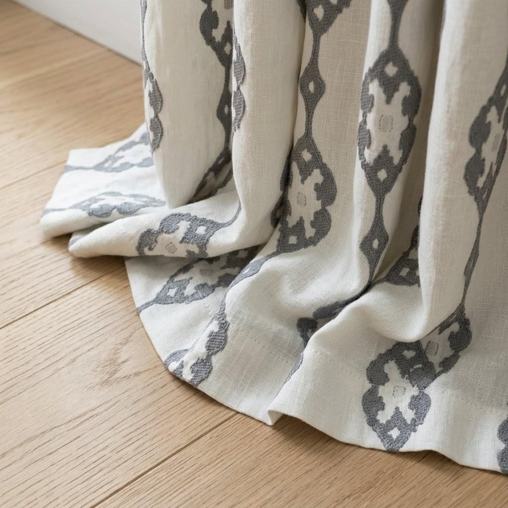 Ivory Pure Linen Embroidered Curtains, Grey Medallion Drapes, Custom Semi Sheer or Blackout Panels — image 4
