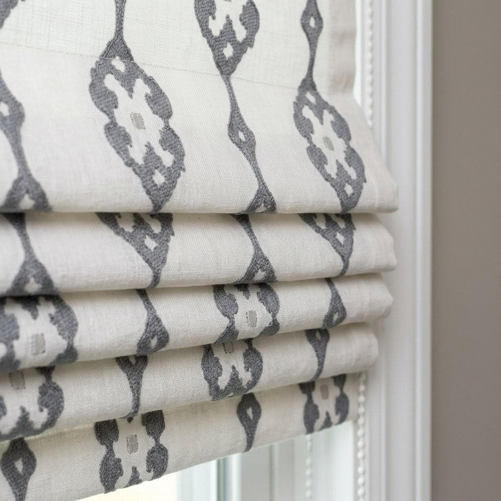 Embroidered Linen Roman Shade, Ogee Trellis Window Blind, Custom Ivory Gray — image 1