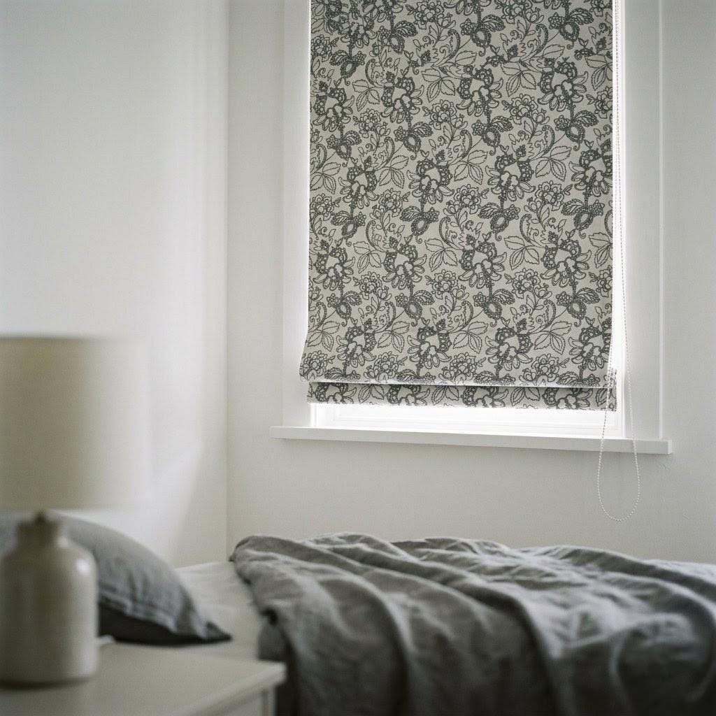 Embroidered Floral Linen Roman Shade, Botanical Window Blind, Custom Ivory Gray Shade — image 4