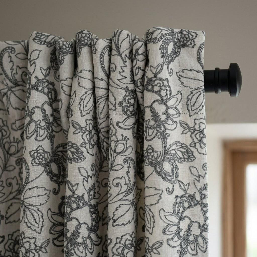 Charcoal Floral Embroidered Linen Curtains, Natural Oatmeal Botanical Panels — image 1