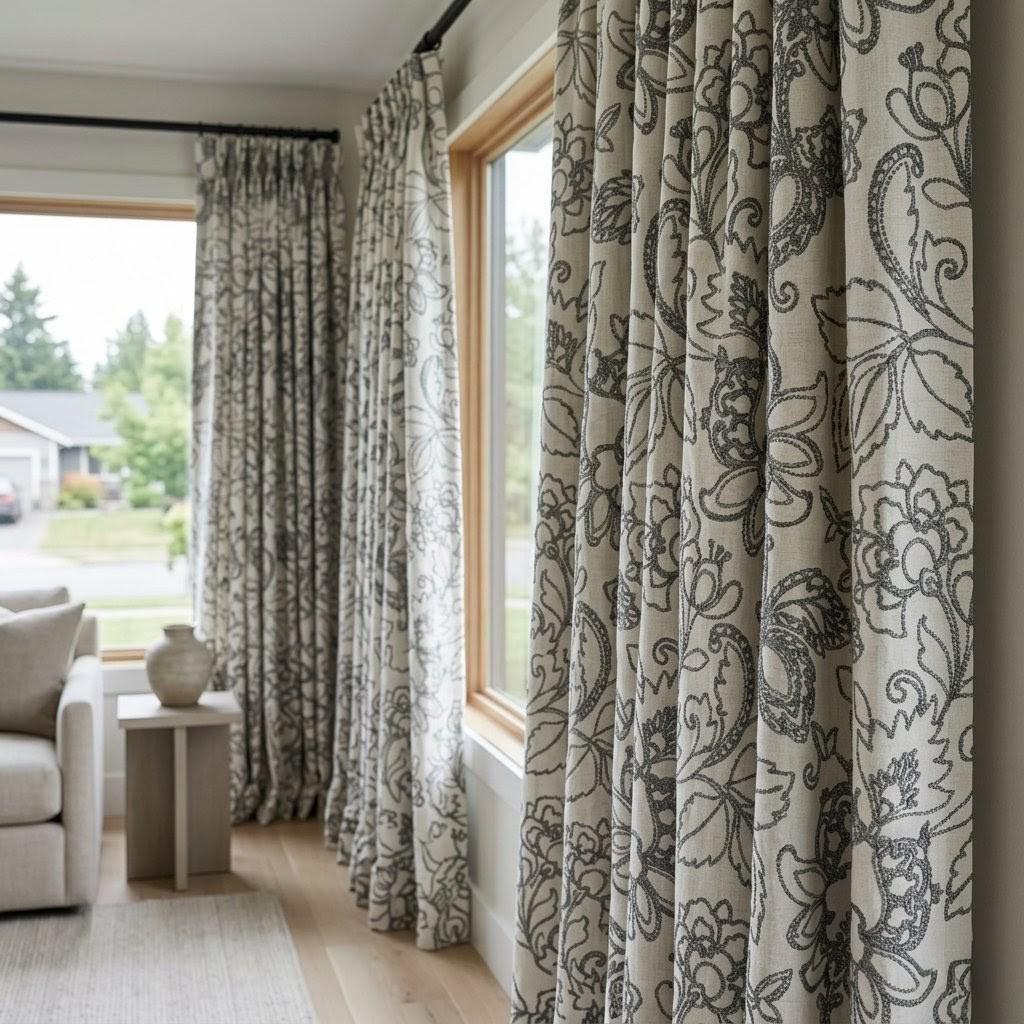 Charcoal Floral Embroidered Linen Curtains, Natural Oatmeal Botanical Panels — image 3