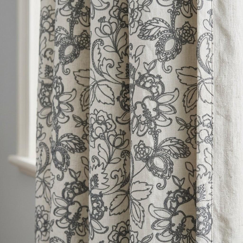 Charcoal Floral Embroidered Linen Curtains, Natural Oatmeal Botanical Panels — image 1