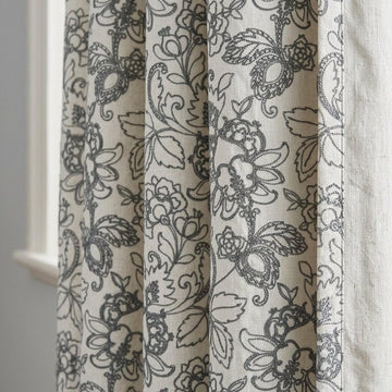 Charcoal Floral Embroidered Linen Curtains, Natural Oatmeal Botanical Panels — image 1