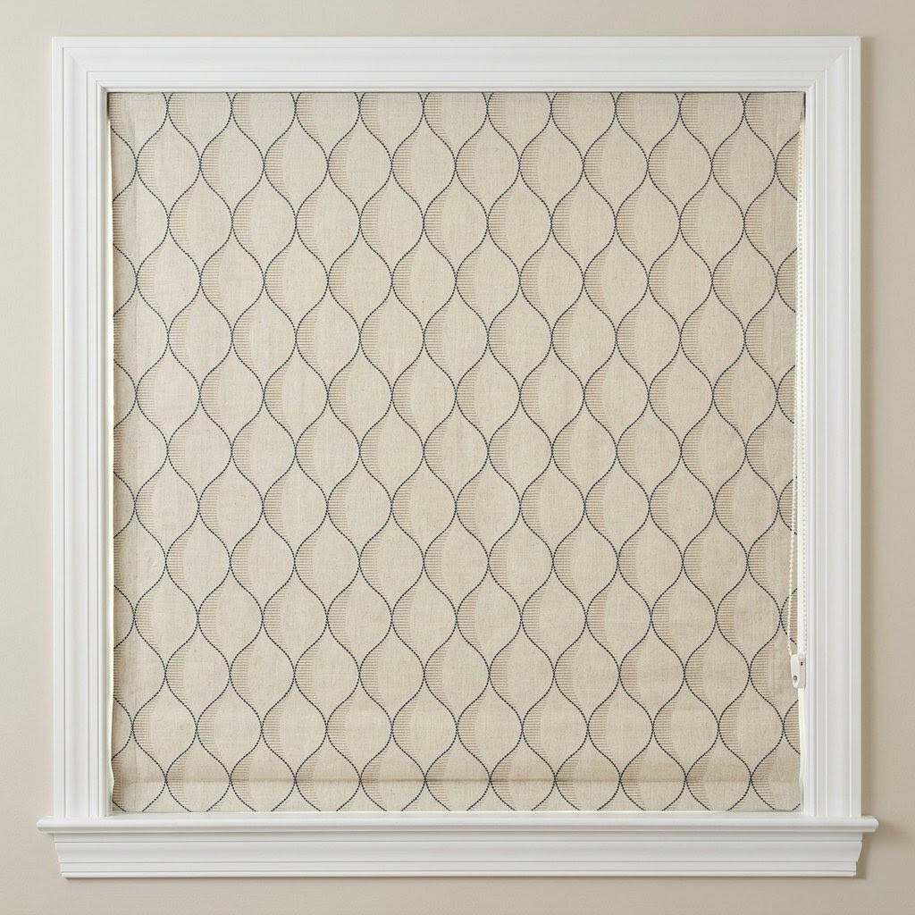 Embroidered Linen Roman Shade, Ogee Wave Custom Window Blind, Beige Blue — image 1