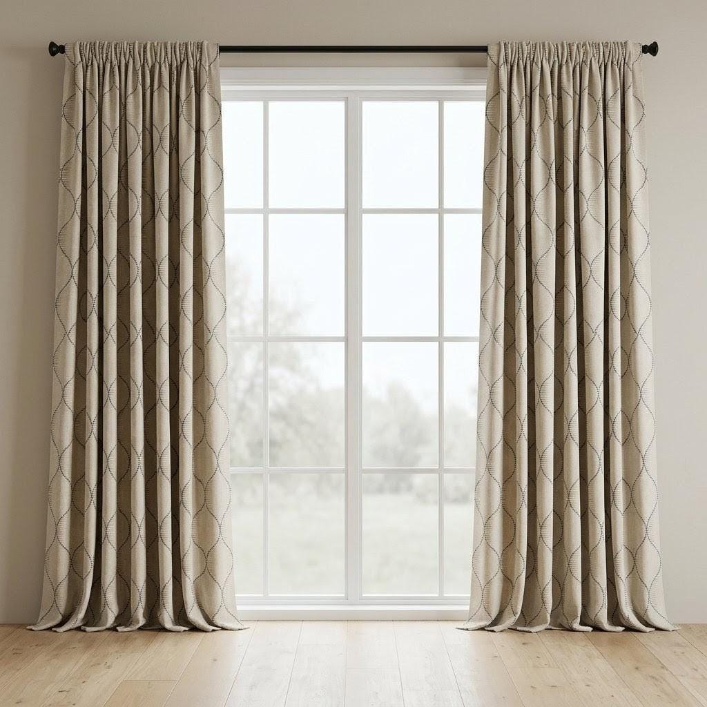 Blue Geometric Embroidered Linen Curtains, Natural Oatmeal Trellis Panels — image 2