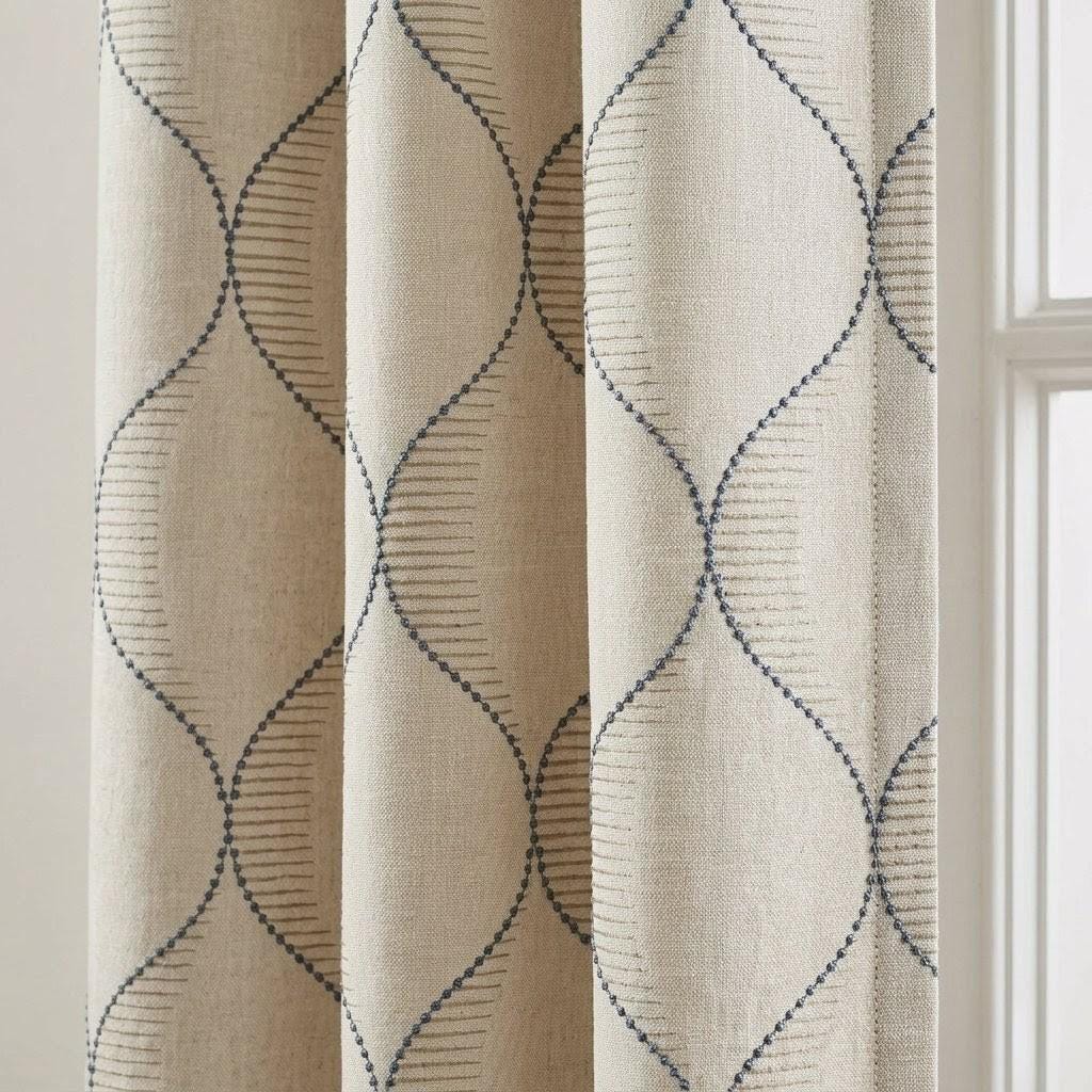 Blue Geometric Embroidered Linen Curtains, Natural Oatmeal Trellis Panels — image 1
